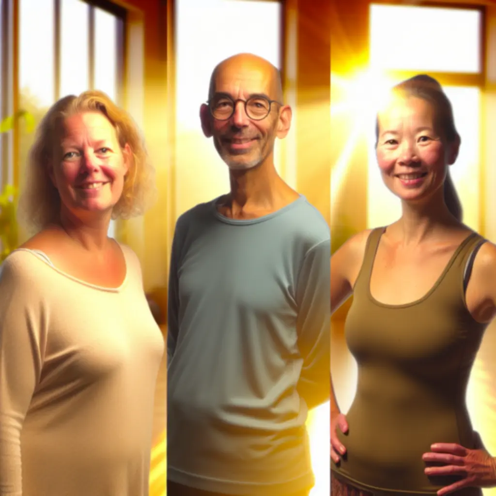 Groep yogadocenten die samen in een lichte studio staan, in een ontspannen en vriendelijke sfeer.