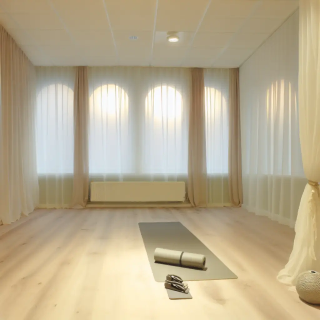Serene yogastudio ingericht voor privéles met mat en zachte verlichting