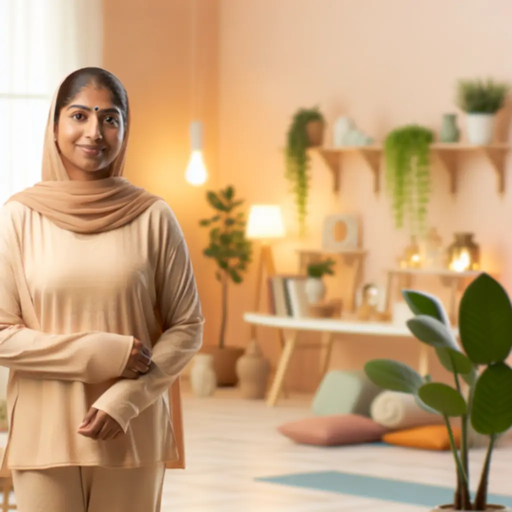Professionele yoga-instructeur die een rustige houding voordoet in de studio.