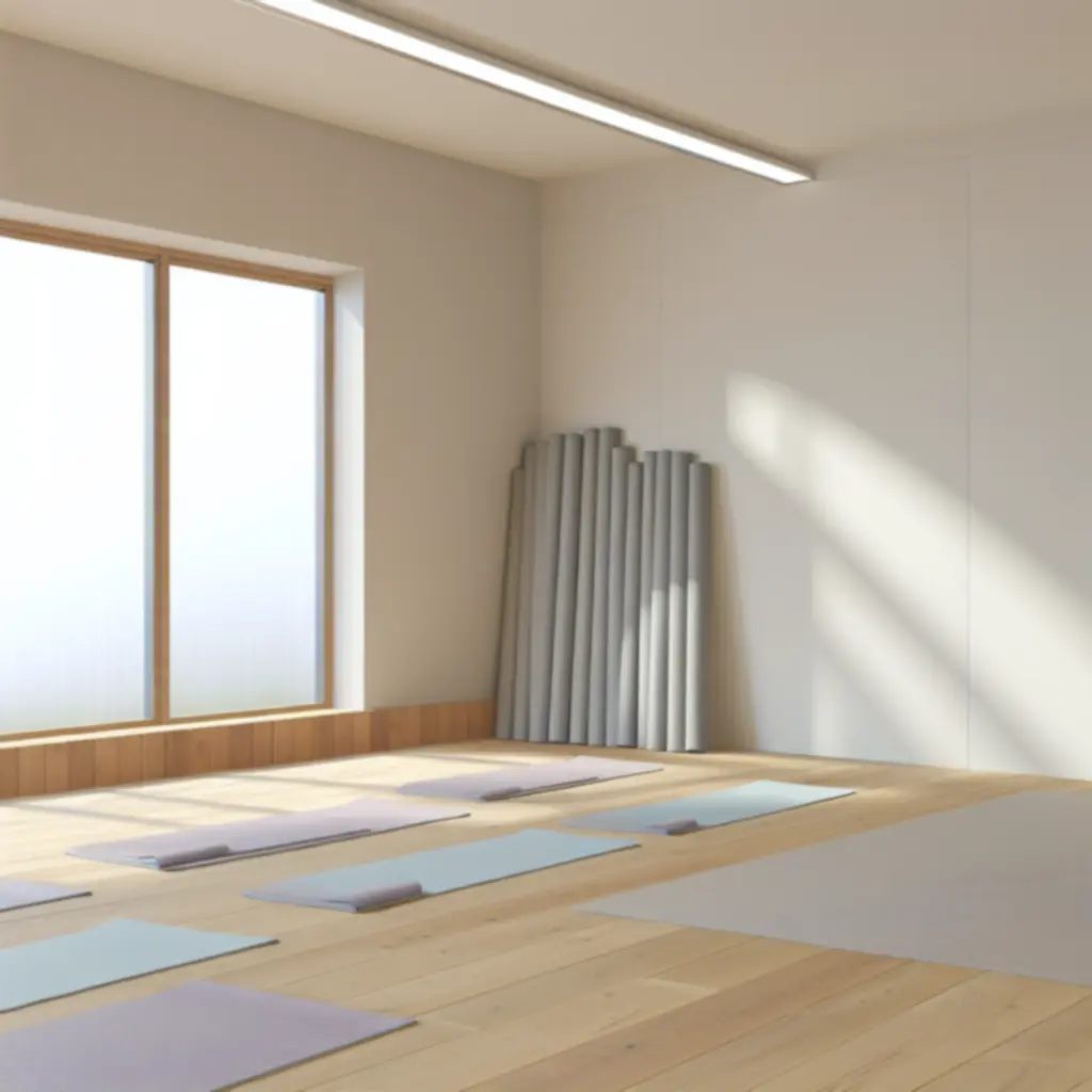 Licht en rustig yogastudio-interieur met matten en natuurlijke materialen