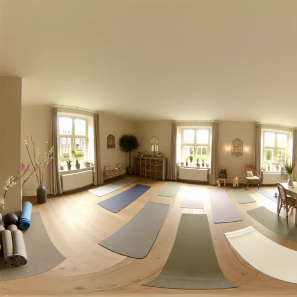 Lichte yogastudio met zachte natuurlijke kleuren en ontspannen sfeer.