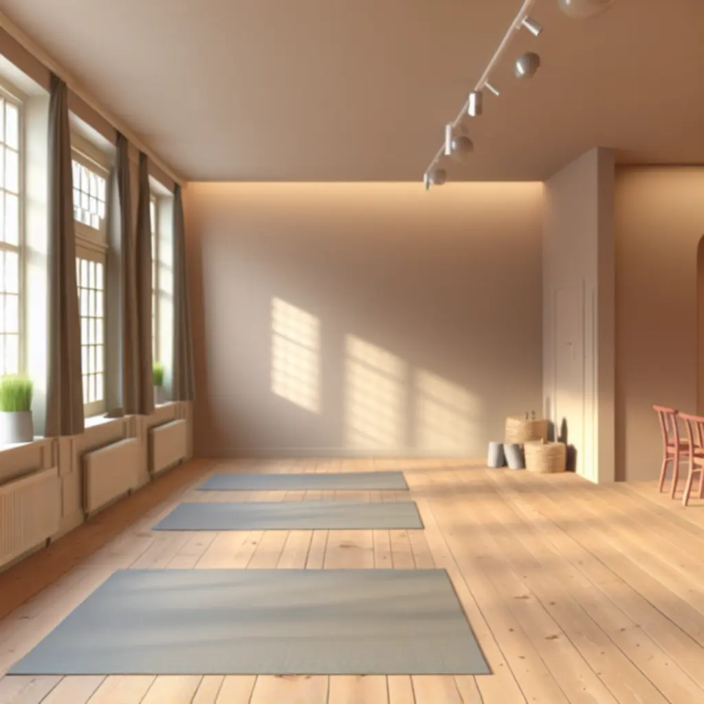 Serene yogastudio met hoge plafonds, natuurlijk licht en zachte kleuren.
