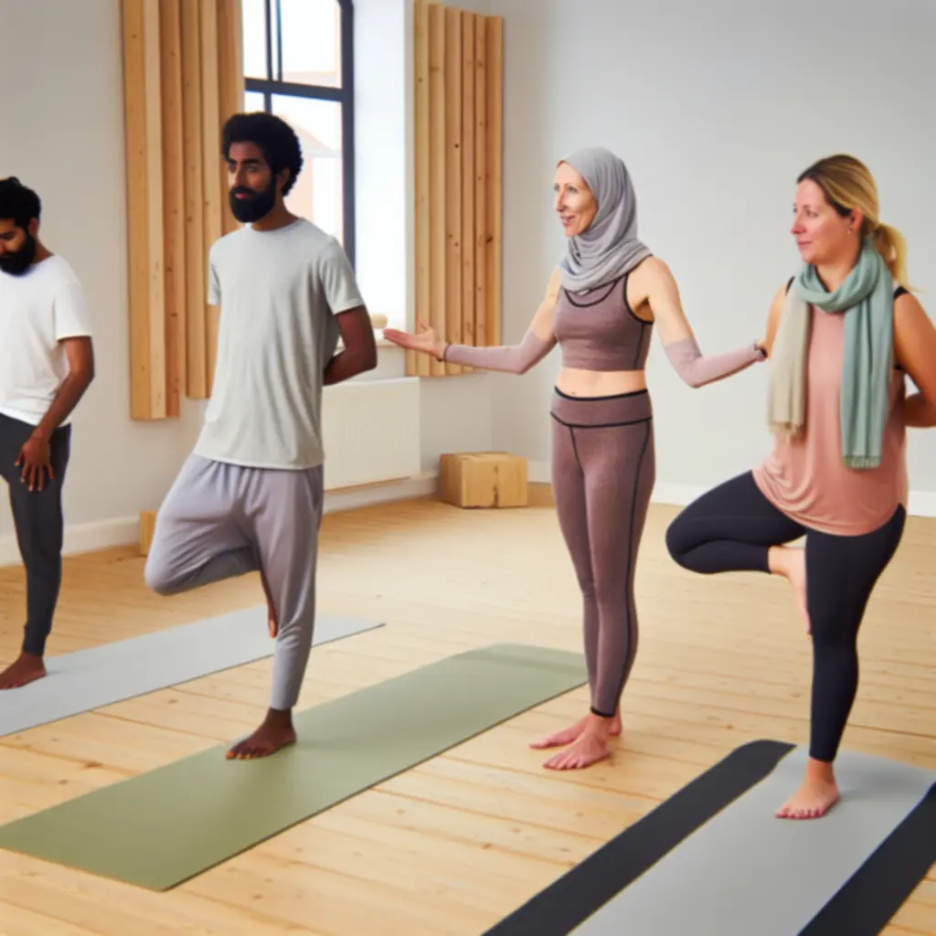 Docent die rustige yogainstructies geeft aan een groep beginners in een lichte studio.