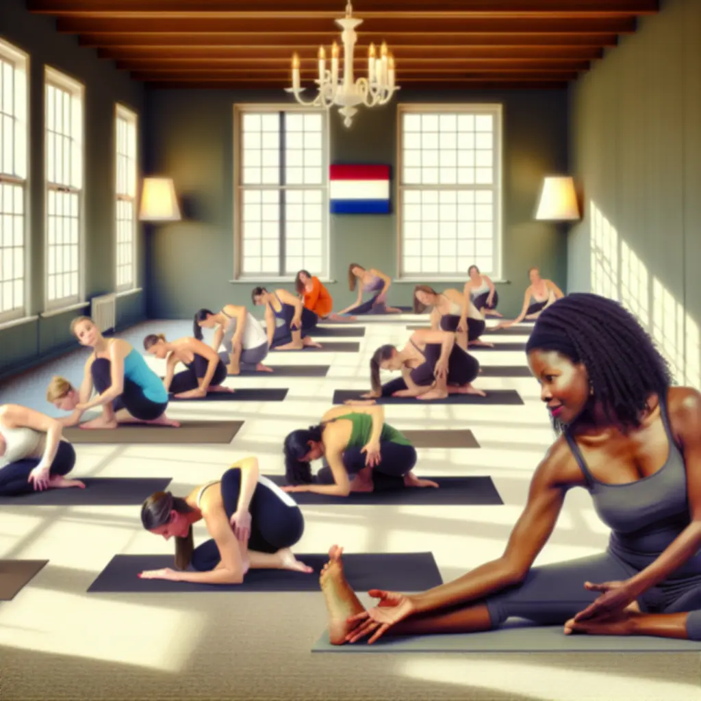 Deelnemers in een rustige yogales in een lichte studio met natuurlijke materialen