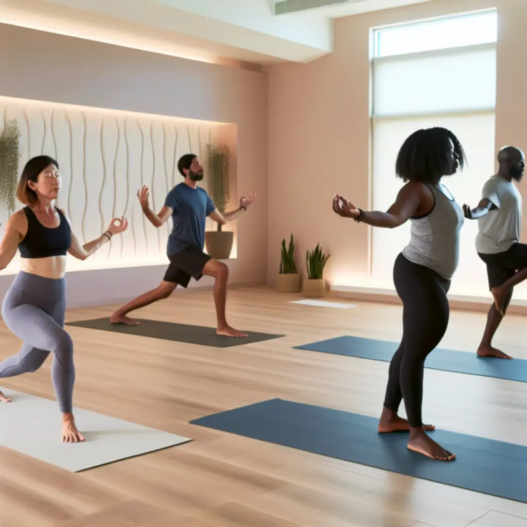 Rustige groepsles yoga met ontspannen deelnemers in zachte houdingen