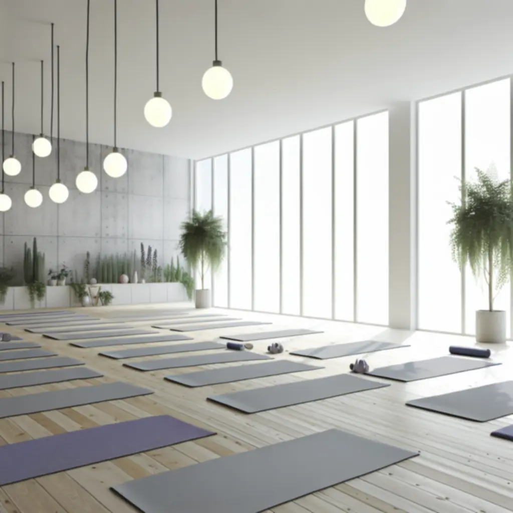 Lichte yogastudio met rustige sfeer en zachte kleuren