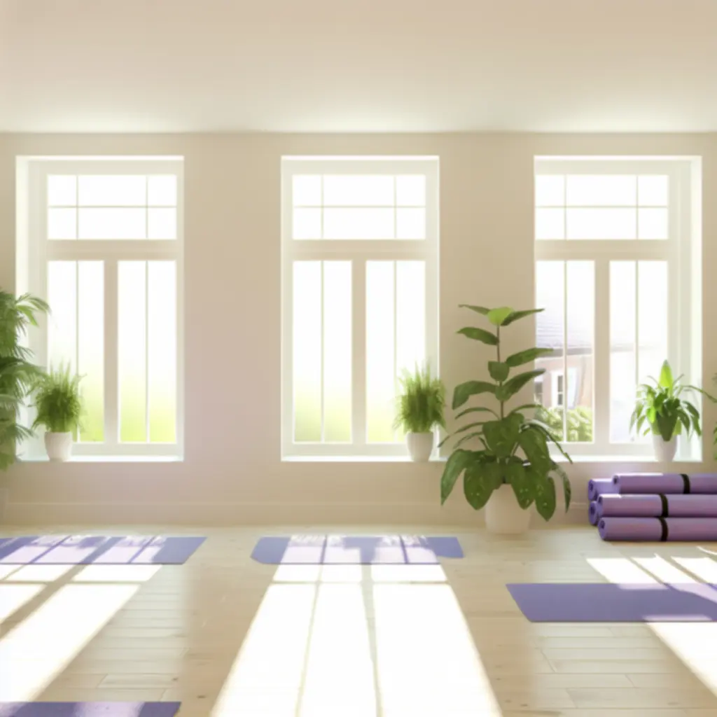 Lichte yogastudio met zachte zonnestralen en rustige sfeer