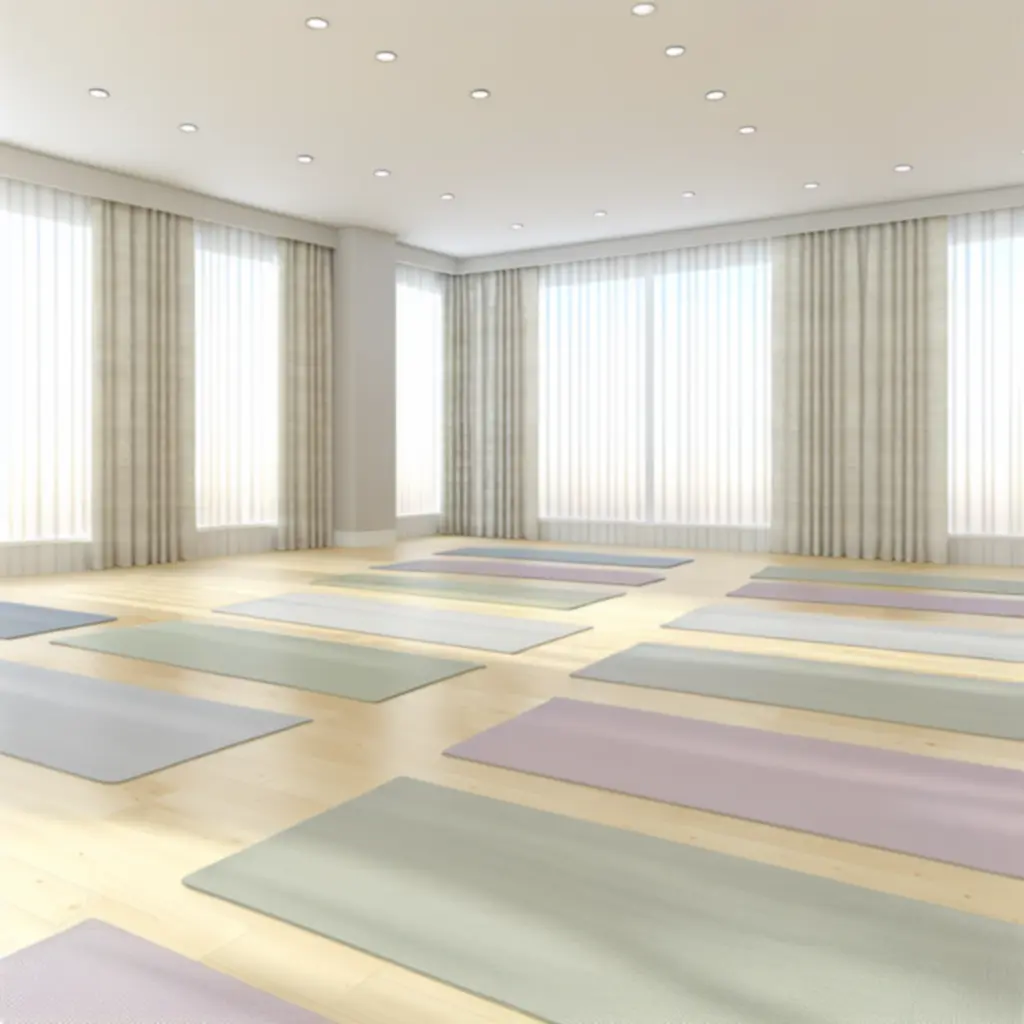 Serene yoga studio met zachte natuurlijke kleuren en rustgevende sfeer